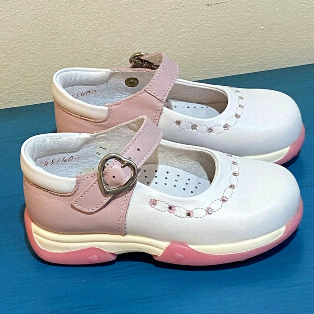 Girls Real‎ Leather Boutique White & Pink Mary Jane’s Shoes Toddler 8 9.5  NEW